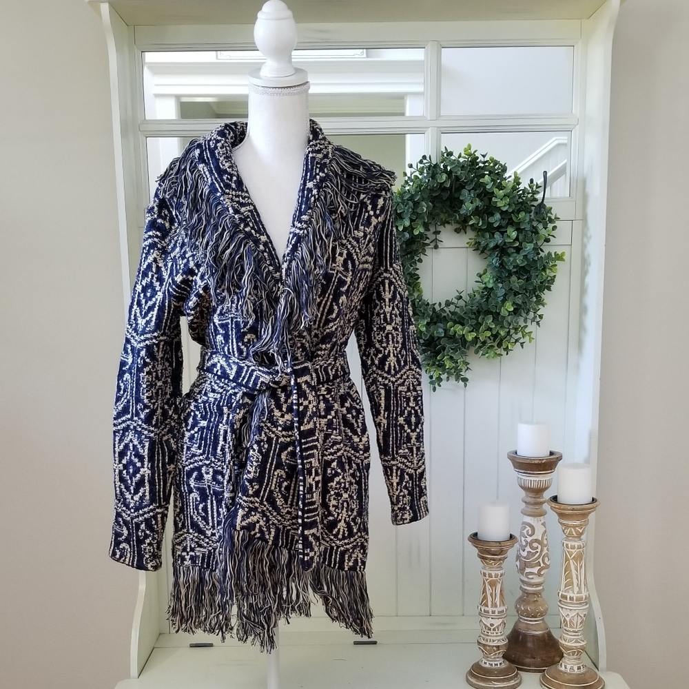 NWT! Lauren by Ralph Lauren Indigo Boho Fringed Cardigan Sweater